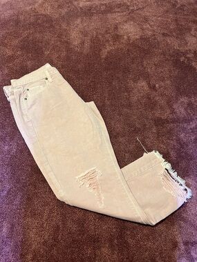 High-Rise Cropped Distressed Jeans in Light Pink